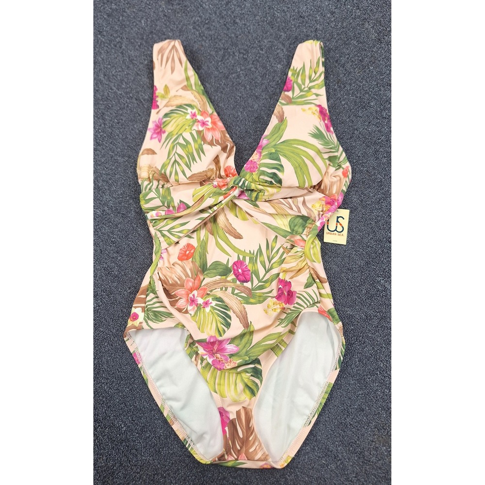 Urban Sea Peach Tropical Floral V-Neck Twist Front One Piece Swimsuit S NWT‎